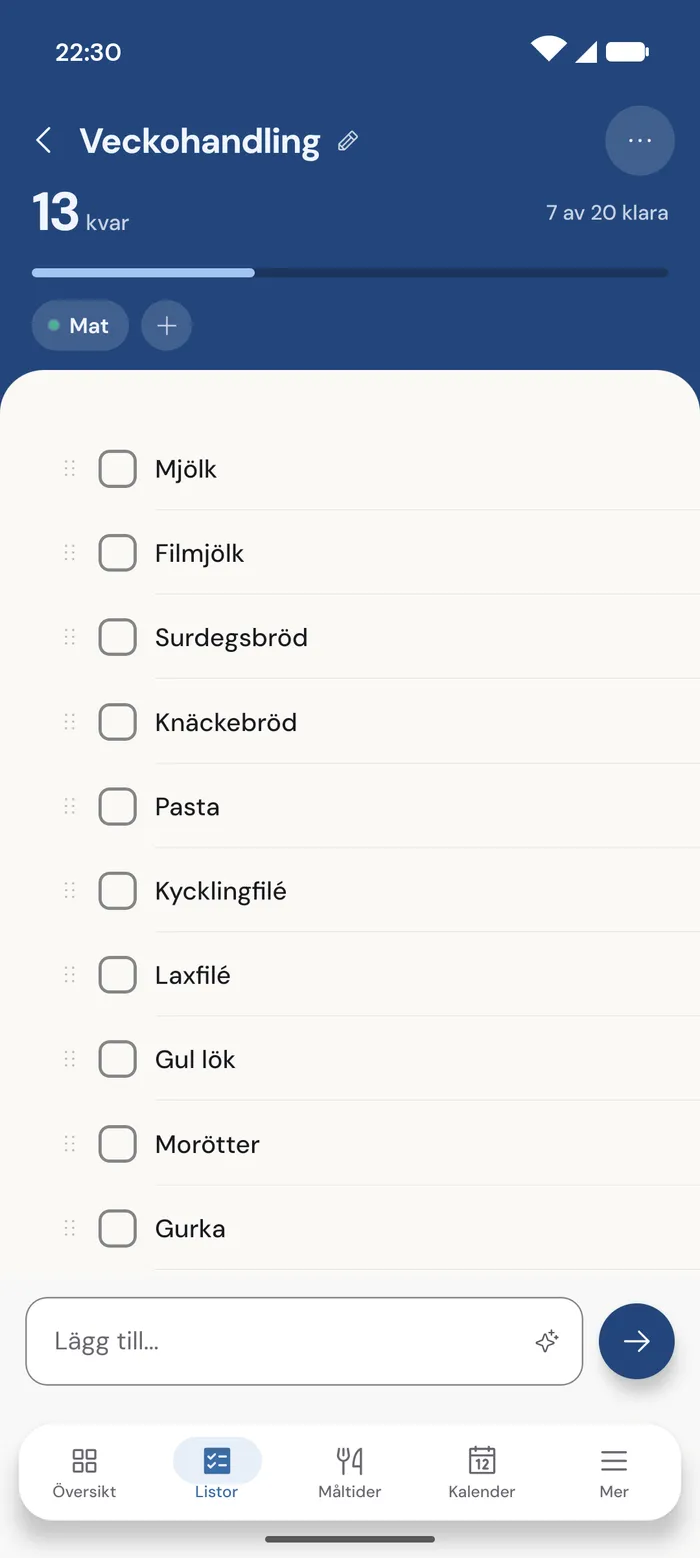 Inköpslistan Veckohandling i EpiHem med tretton varor kvar att handla.